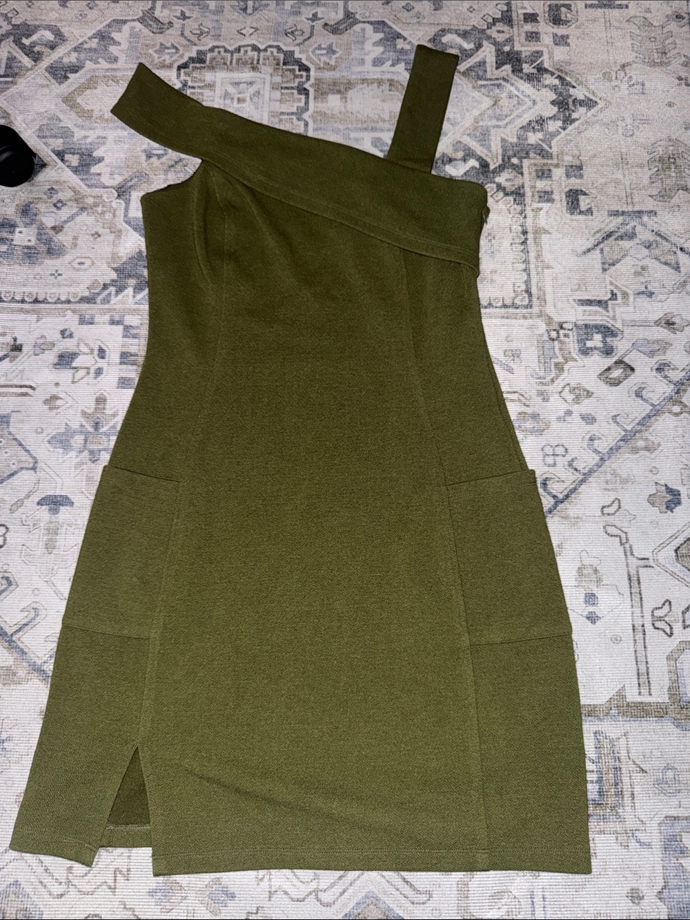 Bobi Black Olive Green Asymmetric Neckline Dress Size Small